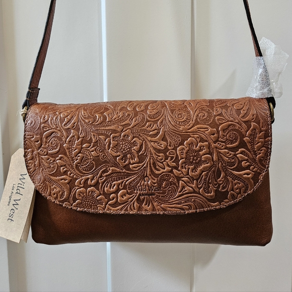 Wild West Los Angeles Juniper Tooled Leather Crossbody Purse Cognac NWT - Picture 2 of 11